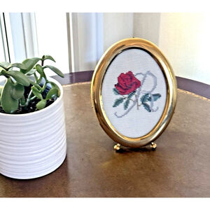 Vintage Rose Needlepoint Cross Stitch Gold Framed Oval Granny Cottage Core